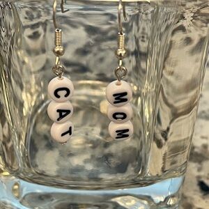 White Beaded 'Cat Mom' Earrings